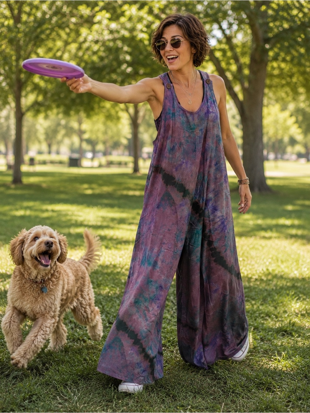 H294 NWT Jaded Gypsy L/XL ptp23 Tie-Dye Women’s Jumpsuit Pants Purple & Teal